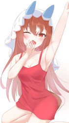 Rule 34 | 1girl, absurdres, animal ears, armpits, breasts, brown hair, cleavage, collarbone, commentary request, hair between eyes, hair ornament, highres, horse ears, horse girl, horse tail, kudo (user dzch8572), long hair, looking at viewer, one eye closed, open mouth, red eyes, simple background, small breasts, solo, still in love (umamusume), tail, umamusume, veil, white background, yawning