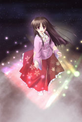 Rule 34 | 1girl, :d, black hair, bow, dress, female focus, floral print, from above, full body, glowing, houraisan kaguya, leaf print, light rays, long hair, long skirt, long sleeves, looking at viewer, looking up, magic, open mouth, orino yushi, red dress, red eyes, red skirt, sidelocks, skirt, smile, solo, standing, touhou, very long hair