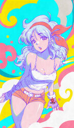 Rule 34 | 1girl, abstract background, aqua hair, bare shoulders, belt, breasts, cleavage, covered erect nipples, dragon ball, dragon ball (classic), fingerless gloves, gloves, hairband, highres, kanchiyo, looking at viewer, lunch (dragon ball), medium breasts, midriff, multicolored background, open mouth, red hairband, short shorts, shorts, solo, tank top, thighs, white tank top