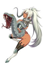Rule 34 | 1girl, ahoge, armor, ass, boots, bottomless, breasts, cleavage, dagger, dark-skinned female, dark elf, dark skin, echidna (queen&#039;s blade), echidna (queen&#039;s blade unlimited), elf, fang, full body, glint, greaves, holding, holding weapon, holster, huge breasts, knife, looking at viewer, navel, no panties, official art, open mouth, pointy ears, ponytail, queen&#039;s blade, queen&#039;s blade unlimited, queen&#039;s blade white triangle, red eyes, revealing clothes, saliva, silver hair, silver nails, smile, snake, solo, sword, thigh holster, vambraces, weapon, white background, white footwear