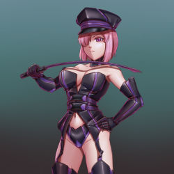 Rule 34 | 1girl, boots, corset, dark persona, dominatrix, elbow gloves, fate/grand order, fate (series), gloves, gradient background, hair over one eye, hand on own hip, hat, highres, leebigtree, mash kyrielight, peaked cap, pink eyes, pink hair, riding crop, simple background, thigh boots, thighhighs