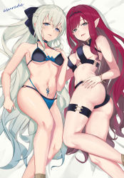 Rule 34 | 2girls, ass, asurada yui, baobhan sith (fate), baobhan sith (second ascension) (fate), bare shoulders, bikini, black bikini, black bow, blue bikini, blue eyes, blush, bow, braid, breasts, cleavage, earrings, fate/grand order, fate (series), french braid, grey eyes, grey hair, hair bow, highres, jewelry, large breasts, long hair, looking at viewer, lying, medium breasts, morgan le fay (fate), mother and daughter, multiple girls, navel, on back, on side, open mouth, parted lips, pink hair, pointy ears, ponytail, pubic tattoo, sidelocks, smile, stomach tattoo, swimsuit, tattoo, thighs, very long hair