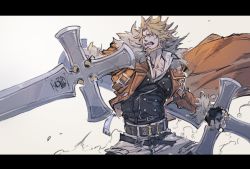 Rule 34 | 1boy, beard, belt, blonde hair, blue eyes, brown coat, brown jacket, coat, collared shirt, dual wielding, facial hair, fur trim, guilty gear, guilty gear strive, highres, holding, holding weapon, huge weapon, jacket, leo whitefang, letterboxed, male focus, manly, ogata tomio, open mouth, pants, shirt, simple background, solo, spiked hair, sword, weapon, white background, white pants
