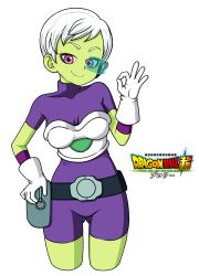 Rule 34 | 1girl, armor, bodysuit, breasts, cheelai, closed mouth, colored skin, dragon ball, dragon ball super, dragon ball super broly, eron, gloves, green-tinted eyewear, green skin, highres, looking at viewer, ok sign, purple bodysuit, purple eyes, scouter, short hair, simple background, smile, solo, tinted eyewear, white background, white gloves, white hair