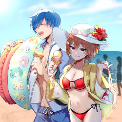 Rule 34 | 1boy, 1girl, bag, beach, bikini, blue hair, blue nails, blue sky, blush, breasts, brown eyes, brown hair, closed eyes, eyewear on head, flower, food, happy, hat, hat ornament, hatsune miku, highres, holding, holding bag, holding ice cream cone, holding swim ring, ice cream, ice cream cone, innertube, kagamine len, kagamine rin, kaito (vocaloid), large breasts, looking at viewer, megurine luka, meiko (vocaloid), nail polish, navel, ocean, open clothes, open mouth, open shirt, red bikini, red flower, red nails, sand, shirt, short hair, shorts, sky, smile, summer, sun hat, sunglasses, swim ring, swimsuit, teeth, tongue, tongue out, upper body, upper teeth only, vocaloid, yellow shirt, yyxw5385