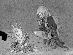 Rule 34 | 2girls, ahoge, bandaged arm, bandages, campfire, coat, eating, fire, from side, full body, greyscale, highres, holding, holding stick, hoshi syoko, idolmaster, idolmaster cinderella girls, leg wrap, log, long hair, long sleeves, looking at object, monochrome, multiple girls, mushroom, open clothes, open coat, out of frame, outstretched arm, payama, profile, roasted marshmallow, roasting, shirasaka koume, shirt, skewer, solo focus, squatting, stick, torn clothes, torn coat, torn shirt