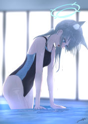 Rule 34 | 1girl, after swimming, animal ear fluff, animal ears, backlighting, blue archive, blue eyes, competition swimsuit, half-closed eyes, highres, one-piece swimsuit, puddle, shiroko (blue archive), shiroko (swimsuit) (blue archive), swimsuit, thighs, varsoligt, wet