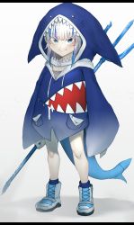 Rule 34 | 1girl, absurdres, animal hood, ankle boots, blue eyes, blue footwear, blue legwear, blue nails, blush, boots, closed mouth, fingernails, fins, fish tail, gawr gura, gawr gura (1st costume), highres, holding, holding weapon, hololive, hololive english, hood, hood up, hoodie, long sleeves, looking at viewer, nail polish, niwarhythm, polearm, sanpaku, shark hood, shark tail, simple background, smile, solo, tail, trident, virtual youtuber, weapon, white background