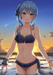 Rule 34 | 1girl, absurdres, bare arms, bare shoulders, bikini, blue bikini, blue eyes, blue hair, blue ribbon, blush, bracelet, breasts, cloud, comet, cowboy shot, hair ribbon, highres, hololive, hoshimachi suisei, jewelry, long hair, looking at viewer, navel, outdoors, parted lips, pepushi drow, ribbon, side ponytail, sky, small breasts, smile, solo, standing, star (sky), stomach, sunset, swimsuit, teeth, upper teeth only, virtual youtuber, water, wet, wrist cuffs