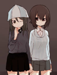 Rule 34 | 10s, 2girls, black skirt, blue hat, blue shirt, brown eyes, brown hair, closed mouth, cosplay, costume switch, couple, cowboy shot, dress shirt, fud, girls und panzer, grey background, grey shirt, grey skirt, hat, holding hands, keizoku school uniform, kuromorimine school uniform, long hair, long sleeves, looking at another, mika (girls und panzer), miniskirt, multiple girls, nishizumi maho, one eye closed, pleated skirt, school uniform, shirt, short hair, side-by-side, simple background, skirt, smile, standing, striped clothes, striped shirt, vertical-striped clothes, vertical-striped shirt, white shirt, yuri