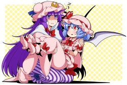 Rule 34 | 2girls, :d, :i, bat wings, blue hair, blunt bangs, bow, bowtie, carrying, commentary request, crescent, crescent hair ornament, eichi yuu, flying sweatdrops, footwear bow, frills, full body, hair bow, hair ornament, hat, hat ribbon, heavy, high heels, kneeling, lifting person, long hair, mob cap, multiple girls, open mouth, patchouli knowledge, pink footwear, pink hat, pink shirt, pink skirt, pointy ears, princess carry, puffy short sleeves, puffy sleeves, purple eyes, purple hair, red bow, red bowtie, red eyes, red ribbon, remilia scarlet, ribbon, seiza, shaded face, shirt, shoes, short sleeves, sitting, skirt, smile, sweat, touhou, trembling, very long hair, wings, wrist cuffs, yellow background