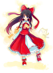 Rule 34 | 1girl, bad id, bad pixiv id, black hair, blue eyes, bow, brooch, cat.lqe, catlqe, detached sleeves, dress, female focus, gradient hair, hair bow, hakoiri nekohime, hakurei reimu, half updo, japanese clothes, jewelry, miko, multicolored hair, ribbon, solo, standing, touhou, twintails