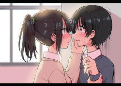 Rule 34 | 2girls, backlighting, betock, black hair, black sweater, blurry, blurry background, blush, brown eyes, brown hair, eye contact, eyelashes, green scrunchie, hand on another&#039;s cheek, hand on another&#039;s face, highres, holding another&#039;s wrist, imminent kiss, letterboxed, long sleeves, looking at another, multiple girls, original, ponytail, revision, scrunchie, short hair, sweatdrop, sweater, window, yuri