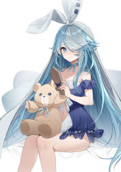 Rule 34 | 1girl, :/, absurdres, azur lane, bare arms, bare legs, blanket, blue eyes, blue hair, blue ribbon, bow, breasts, choker, closed mouth, clothing cutout, collarbone, commentary, hair bow, hair over one eye, highres, holding, holding stuffed toy, knees together feet apart, lingerie, long hair, looking at viewer, maille-breze (azur lane), maille-breze (the noble knight&#039;s last stand) (azur lane), md5 mismatch, multicolored hair, navel, navel cutout, negligee, off shoulder, official alternate costume, pajamas, ribbon, ribbon choker, shibuya (kurokamishain), sitting, small breasts, solo, streaked hair, stuffed animal, stuffed toy, sword, teddy bear, underwear, very long hair, weapon, white bow, wooden sword