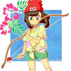 Rule 34 | &gt;:(, 1girl, arrow (projectile), artist name, bare arms, beanie, black eyes, black hair, bow (weapon), closed mouth, collarbone, cowboy shot, creatures (company), floral print, flower, frown, game freak, green shorts, hat, hibiscus, holding, holding bow (weapon), holding weapon, leaf, nintendo, outline, poke ball theme, pokemon, pokemon adventures, red hat, selene (pokemon), shirt, short hair, short sleeves, shorts, solo, standing, sugawalaya, swept bangs, tied shirt, v-shaped eyebrows, weapon, yellow shirt