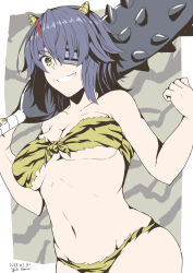 Rule 34 | 1girl, animal print, artist name, breasts, club, club (weapon), collarbone, dated, eyepatch, fake horns, grin, highres, holding, holding weapon, horns, kanabou, kantai collection, large breasts, navel, oni horns, purple hair, short hair, signature, smile, solo, taira yuuki, tenryuu (kancolle), tiger print, upper body, weapon, yellow eyes