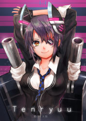 Rule 34 | 10s, 1girl, arms behind head, arms up, character name, checkered clothes, checkered necktie, checkered neckwear, eyepatch, fingerless gloves, gloves, headgear, kantai collection, looking at viewer, mecha musume, necktie, personification, purple hair, school uniform, short hair, smile, solo, tenryuu (kancolle), tsubasa19900920, yellow eyes