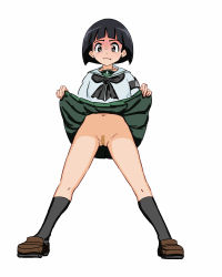 Rule 34 | 1girl, armband, bandaid, bandaid on pussy, black hair, black socks, blush, closed mouth, clothes lift, collarbone, embarrassed, girls und panzer, grey eyes, groin, highres, lifted by self, looking down, monochrome background, navel, no panties, ooarai school uniform, school uniform, short hair, simple background, skirt, skirt lift, socks, solo, sono midoriko, sweat, user pfmt3355, wavy mouth, white background