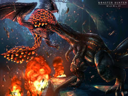 Rule 34 | battle, bazelgeuse, bioluminescence, biting, claws, copyright name, debris, deviljho, dragon, drooling, epic, explosion, fire, flying, full body, glowing, glowing eyes, highres, monster hunter, monster hunter: world, monster hunter (series), no humans, outdoors, raruru, scales, sparks, spikes, standing, wyvern