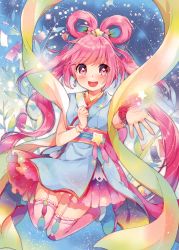 Rule 34 | 1girl, :d, absurdres, blue footwear, blush, bracelet, earrings, floating hair, full body, garter straps, hair ornament, highres, jewelry, koichi, layered skirt, long hair, looking at viewer, non-web source, obi, open mouth, original, pink eyes, pink hair, pink thighhighs, sash, scan, skirt, sleeveless, smile, solo, star (symbol), star earrings, star hair ornament, thighhighs, twintails, very long hair, wrist cuffs