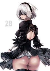 Rule 34 | 1girl, android, ass, back cutout, black dress, black thighhighs, blindfold, character name, closed mouth, clothing cutout, copyright name, cowboy shot, dress, from behind, juliet sleeves, long sleeves, looking back, mole, mole under mouth, nier (series), nier:automata, panties, partially visible vulva, puffy sleeves, short dress, short hair, silver hair, solo, souryu, thighhighs, thong, underwear, white panties, 2b (nier:automata)
