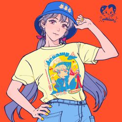 Rule 34 | 1girl, billies (christina oh), bow, bucket hat, denim, hair bow, hand on headwear, hand on own hip, hat, highres, long hair, looking at viewer, low twintails, nail polish, orange background, original, parted lips, pink eyes, print shirt, purple hair, shirt, shirt tucked in, solo, t-shirt, twintails, yellow nails