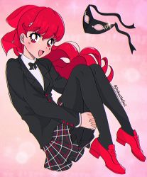 Rule 34 | 1990s (style), 1girl, breasts, curled up, hair ribbon, hands under legs, highres, joshuathefruit, leggings, long hair, looking at viewer, mask, open mouth, own hands together, persona, persona 5, ponytail, red eyes, red footwear, red hair, red ribbon, retro artstyle, ribbon, school uniform, shuuchiin academy school uniform, small breasts, smile, solo, watermark, yoshizawa kasumi