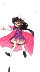 Rule 34 | 1girl, bad id, bad pixiv id, bow, brown eyes, brown hair, cape, clothes writing, dress, hat, hat bow, kneehighs, low twintails, oimo (14sainobba), open mouth, plaid, plaid dress, school uniform, simple background, smile, socks, solo, touhou, twintails, usami sumireko, white socks