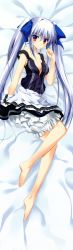 Rule 34 | 1girl, absurdres, barefoot, bed sheet, bloomers, blue hair, blush, breasts, copyright request, dakimakura (medium), dress, feet, highres, huge filesize, long image, no bra, open clothes, open dress, red eyes, scan, solo, tall image, tsukinon, twintails, underwear