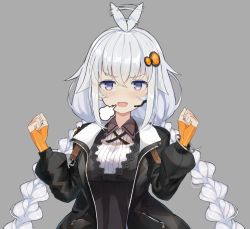 Rule 34 | 1girl, puff of air, afterimage, ahoge, ahoge wag, belt, black coat, black dress, blue eyes, braid, breasts, clenched hands, coat, commentary, dress, expressive hair, fingerless gloves, fur-trimmed coat, fur trim, gloves, grey background, hair ornament, hands up, headset, kizuna akari, long hair, looking at viewer, medium breasts, motion lines, orange gloves, silver hair, solo, twin braids, upper body, v-shaped eyebrows, very long hair, voiceroid, yudough