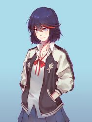 Rule 34 | 1girl, black hair, blue background, blue eyes, blue skirt, closed mouth, collared shirt, female focus, hair between eyes, hands in pockets, kill la kill, long hair, matoi ryuuko, multicolored hair, neck ribbon, pleated skirt, red hair, red ribbon, ribbon, shirt, short hair, simple background, skirt, smile, solo, standing, two-tone hair, wing collar