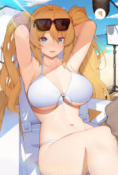 Rule 34 | 1girl, 1other, antenna hair, arms up, beach, beach chair, bikini, blonde hair, blue eyes, breasts, cleavage, clenched hand, cloud, day, eyewear on head, hair between eyes, highres, large breasts, long hair, looking at viewer, migu (iws2525), ocean, original, outdoors, parted lips, sitting, sky, solo focus, sunglasses, swimsuit, twintails, very long hair, white bikini