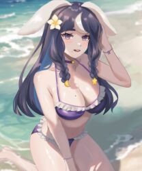 Rule 34 | 1girl, animal ears, bare shoulders, beach, bikini, blue hair, blurry, blurry background, blush, bracelet, braid, breasts, collarbone, colored inner hair, crescent, crescent hair ornament, flower, frilled bikini, frills, hair flower, hair ornament, highres, indie virtual youtuber, jewelry, kneeling, large breasts, long hair, meino, mole, mole on breast, mole under eye, mole under mouth, multicolored hair, open mouth, purple bikini, purple eyes, rabbit ears, second-party source, shell, shirosaki luna, shore, star (symbol), star hair ornament, streaked hair, swimsuit, twin braids, virtual youtuber, white flower