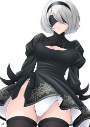 Rule 34 | 1girl, absurdres, black blindfold, black dress, black thighhighs, blindfold, bob cut, breasts, cleavage, cleavage cutout, clothing cutout, dress, gluteal fold, headband, highres, large breasts, leotard, long sleeves, mole, mole under mouth, nier:automata, nier (series), oryou gunsou, parted lips, short hair, simple background, solo, thighhighs, white background, white hair, white leotard, 2b (nier:automata), zettai ryouiki