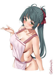 Rule 34 | 1girl, apron, blush, breasts, closed mouth, collarbone, cropped legs, ebifurya, green eyes, groin, hair ribbon, hand up, highres, irako (kancolle), kantai collection, large breasts, long hair, looking at viewer, naked apron, nervous smile, one-hour drawing challenge, ponytail, raised eyebrows, red ribbon, ribbon, sideboob, simple background, smile, solo, twitter username, very long hair, wavy mouth, white background