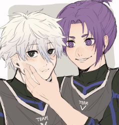 Rule 34 | 2boys, black eyes, blue lock, bright pupils, closed mouth, commentary request, fuyutsuki, grin, hair between eyes, hand on another&#039;s face, highres, long sleeves, looking at another, looking at viewer, male focus, mikage reo, multiple boys, nagi seishirou, purple eyes, purple hair, short hair, smile, soccer uniform, sportswear, teeth, two-tone background, upper body, white hair, white pupils