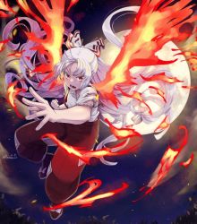 Rule 34 | 1girl, bow, fire, fujiwara no mokou, full body, hair bow, long hair, looking at viewer, moon, night, nupeya, ofuda, open mouth, pants, phoenix wings, puffy sleeves, red eyes, red pants, shirt, shoes, short sleeves, solo, suspenders, torn clothes, touhou, very long hair, white shirt