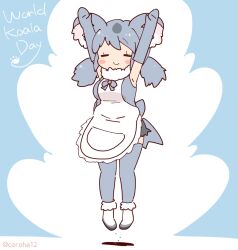 Rule 34 | 1girl, animal ears, apron, arms up, blue background, blue hair, bow, bowtie, coroha, elbow gloves, extra ears, full body, gloves, jumping, kemono friends, koala (kemono friends), koala ears, koala girl, long hair, looking at viewer, shirt, shoes, shorts, simple background, sleeveless, sleeveless shirt, solo, thighhighs, twintails