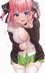 Rule 34 | 1girl, :d, black jacket, blue eyes, blunt bangs, blush, breasts, butterfly hair ornament, cardigan, chigusa minori, cleavage, collared shirt, cowboy shot, eyes visible through hair, go-toubun no hanayome, green skirt, hair between eyes, hair ornament, hair ribbon, hand up, highres, jacket, large breasts, leaning forward, looking at viewer, nakano nino, open mouth, pleated skirt, red hair, ribbon, shirt, short hair, sidelocks, simple background, skirt, sleeves past wrists, smile, solo, standing, sweatdrop, thighhighs, twintails, undressing, white background, white shirt, white thighhighs, zettai ryouiki