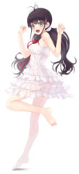 Rule 34 | 1girl, :o, ahoge, arms up, artist request, barefoot, blunt bangs, brown hair, character request, copyright request, dress, feet, grey eyes, highres, long hair, looking at viewer, no shoes, open mouth, red ribbon, ribbon, see-through, shadow, simple background, solo, toes, twintails, white background, white dress