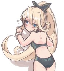 Rule 34 | 10s, 1girl, ass, bad id, bad twitter id, black bow, blonde hair, blue eyes, blush, bow, bracelet, charlotta (granblue fantasy), competition swimsuit, flat ass, flying sweatdrops, from behind, granblue fantasy, hair bow, hair up, harvin, harvin, jewelry, long hair, looking back, one-piece swimsuit, sherad, simple background, solo, swimsuit, white background