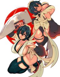 Rule 34 | 1girl, absurdres, ass, black hair, breasts, butterfly swords, highleg, highleg leotard, highres, holding, holding weapon, huge ass, iroha (samurai spirits), jumping, large breasts, leotard, leotard under clothes, lipstick, looking at viewer, looking to the side, maid, maid headdress, makeup, samurai spirits, solo, weapon