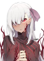 Rule 34 | 1girl, absurdres, asymmetrical bangs, blood, blood on face, breasts, commentary request, dark persona, dark sakura, dress, fate/stay night, fate (series), hair over one eye, hair ribbon, heaven&#039;s feel, highres, kitere, large breasts, long hair, matou sakura, own hands together, red eyes, ribbon, simple background, solo, white background, white hair