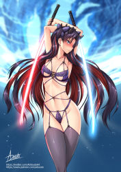 Rule 34 | 1girl, adsouto, armpits, arms behind head, arms up, artist name, black hair, black ribbon, black thighhighs, blue eyes, blush, bra, breasts, closed mouth, collarbone, dual wielding, embarrassed, fate/grand order, fate (series), feet out of frame, garter straps, glowing, glowing sword, glowing weapon, groin, hair ribbon, highres, holding, holding sword, holding weapon, ishtar (fate), lingerie, looking at viewer, medium breasts, navel, nose blush, panties, parted bangs, purple bra, purple panties, red hair, ribbon, solo, space ishtar (fate), standing, stomach, sword, thighhighs, two side up, underwear, underwear only, v-shaped eyebrows, watermark, weapon, web address