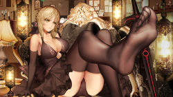 Rule 34 | 1girl, alternate breast size, artoria pendragon (all), artoria pendragon (fate), black dress, black gloves, black panties, black thighhighs, blonde hair, bow, braid, breasts, candle, cleavage, closed mouth, collarbone, commentary request, couch, detached sleeves, dress, elbow gloves, excalibur morgan (fate), fate/grand order, fate/stay night, fate (series), feet, foot focus, foreshortening, french braid, frilled dress, frills, frown, gloves, gudadan, hair bow, highres, indoors, lamp, large breasts, looking to the side, no shoes, panties, pantyshot, reclining, saber alter, short hair, sidelocks, soles, solo, thighhighs, thighs, toes, underwear, yellow eyes