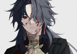 Rule 34 | 1boy, black jacket, blade (honkai: star rail), blood, blood on face, brown jacket, chinese clothes, closed mouth, commentary, curtained hair, earrings, expressionless, grey background, hair over one eye, highres, honkai: star rail, honkai (series), jacket, jewelry, kkikr0, long hair, looking at viewer, male focus, multicolored clothes, multicolored jacket, parted bangs, portrait, red eyes, single earring, solo, two-tone jacket