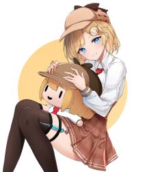 Rule 34 | 1girl, absurdres, black thighhighs, blonde hair, blue eyes, brown skirt, commentary, english commentary, eyelashes, feint721, forehead, frilled skirt, frills, hair ornament, hat, highres, holding, hololive, hololive english, hug, knees together feet apart, long sleeves, looking at viewer, loose necktie, monocle, necktie, open mouth, over-kneehighs, parted bangs, red necktie, short hair, signature, sitting, skirt, smol ame, solo, teeth, thighhighs, thighs, two-tone background, virtual youtuber, watson amelia, white sleeves