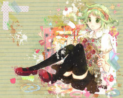 Rule 34 | 1girl, female focus, flower, full body, green eyes, green hair, gumi, hairband, matching hair/eyes, shoes, shorts, solo, thighhighs, vient, vocaloid