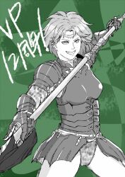 Rule 34 | 1girl, 2cdcre, aelia, arm guards, armor, boobplate, breastplate, copyright name, expressionless, gloves, greyscale, holding, holding polearm, holding weapon, lance, looking at viewer, monochrome, polearm, short hair, shoulder pads, smile, solo, standing, tiara, valkyrie profile (series), weapon