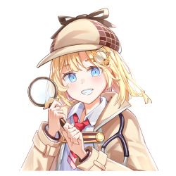Rule 34 | 1girl, blonde hair, blue eyes, blush, breasts, brown jacket, cchhii3, collared shirt, commentary, deerstalker, detective, grin, hair ornament, hat, holding, holding magnifying glass, hololive, hololive english, jacket, letterboxed, long sleeves, looking at viewer, magnifying glass, medium hair, necktie, red necktie, shirt, short necktie, simple background, smile, solo, upper body, virtual youtuber, watson amelia, watson amelia (1st costume), white background, white shirt